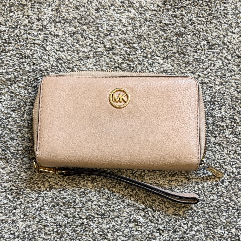 Michael Kors Nude Pebbled Leather Zip-Around Wristlet Wallet with Gold MK